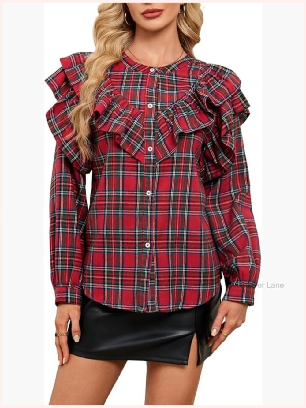 Ruffle Plaid Button Down Shirt Long Sleeve Blouse